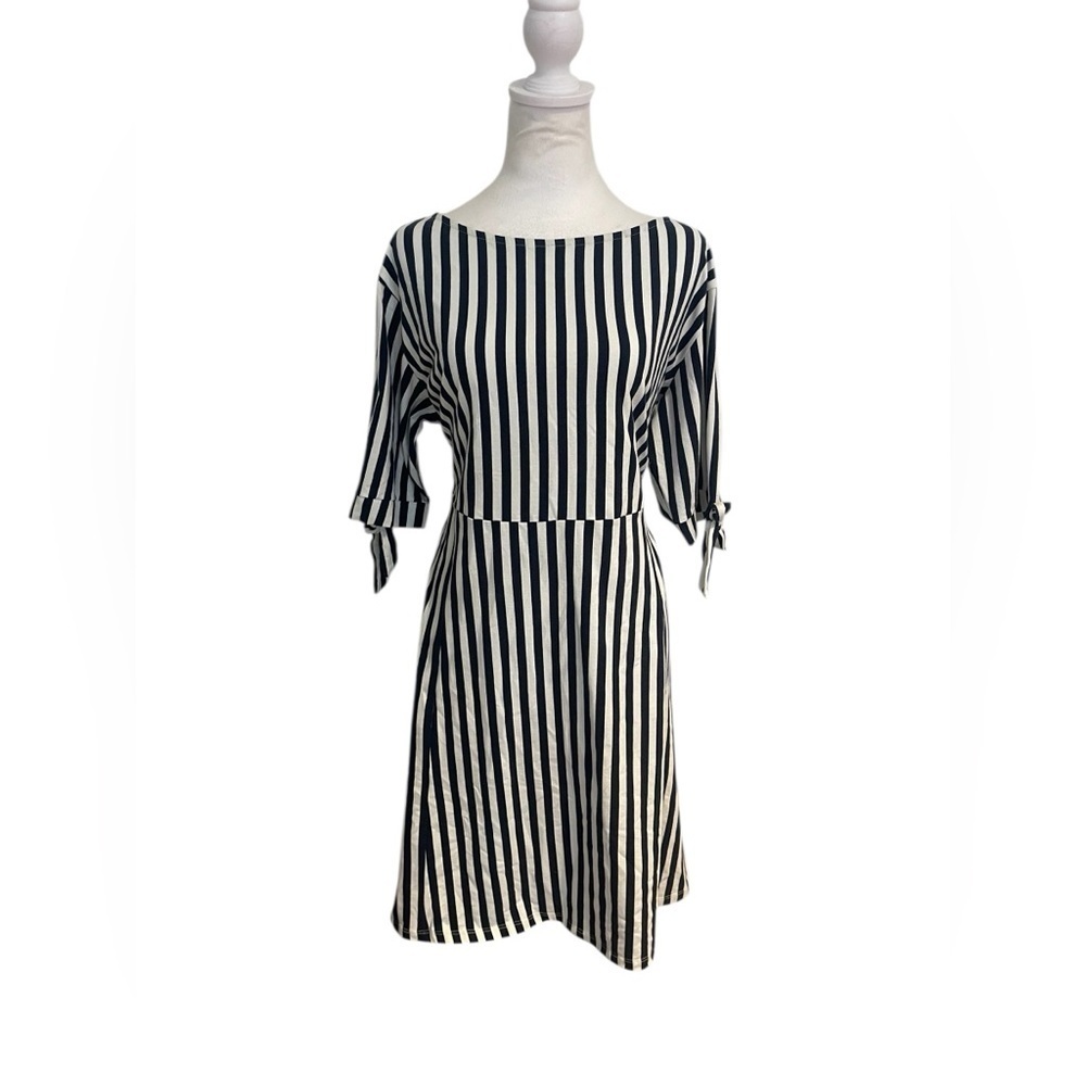 ASOS Size 16 Navy Blue & White Striped Dress Bow Sleeve Mid-Length Casual